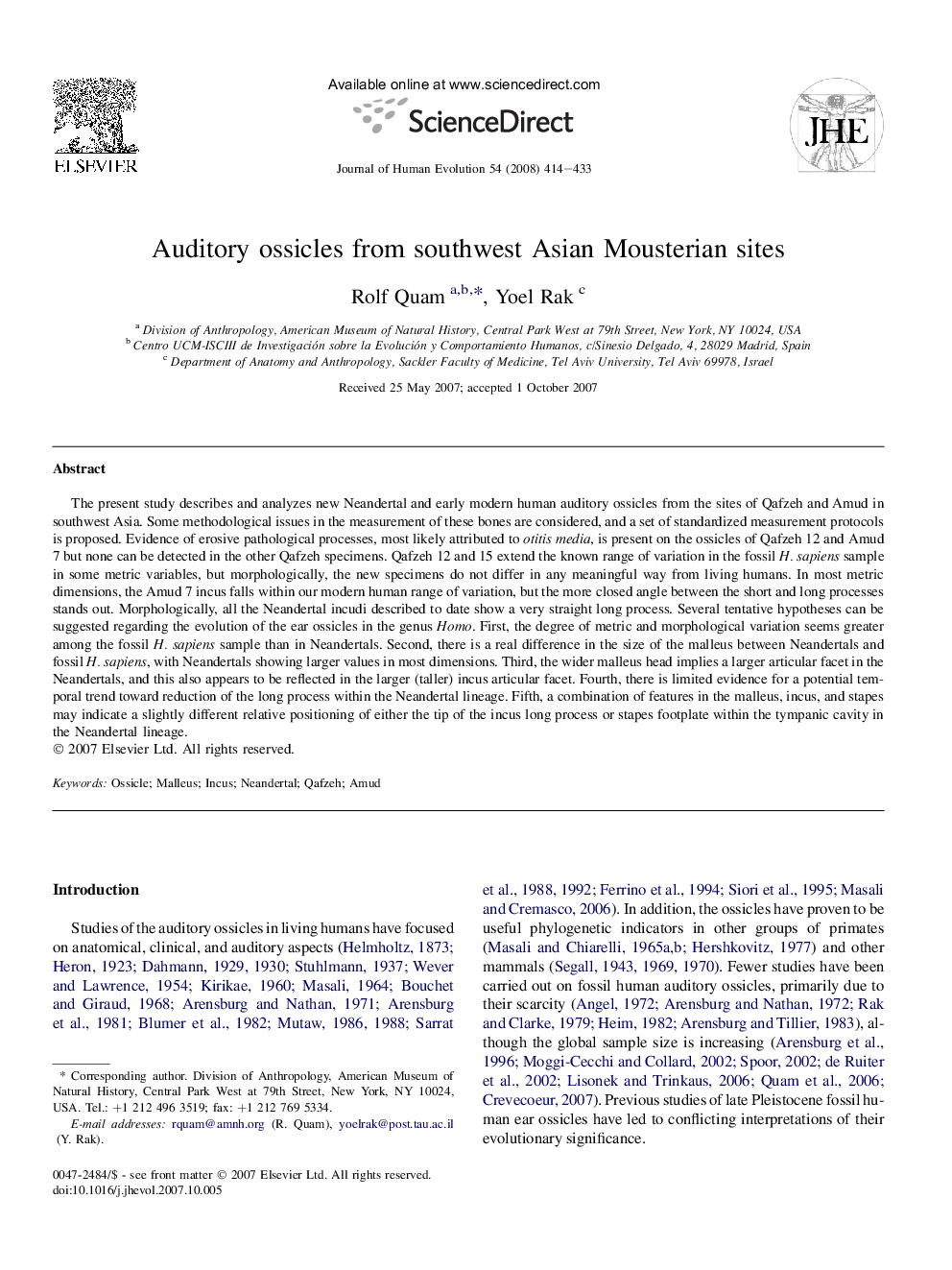 Auditory ossicles from southwest Asian Mousterian sites