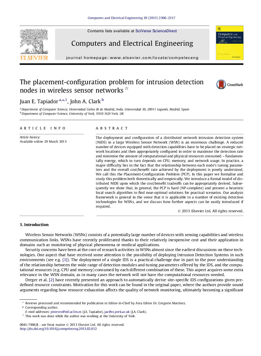 The placement-configuration problem for intrusion detection nodes in wireless sensor networks 