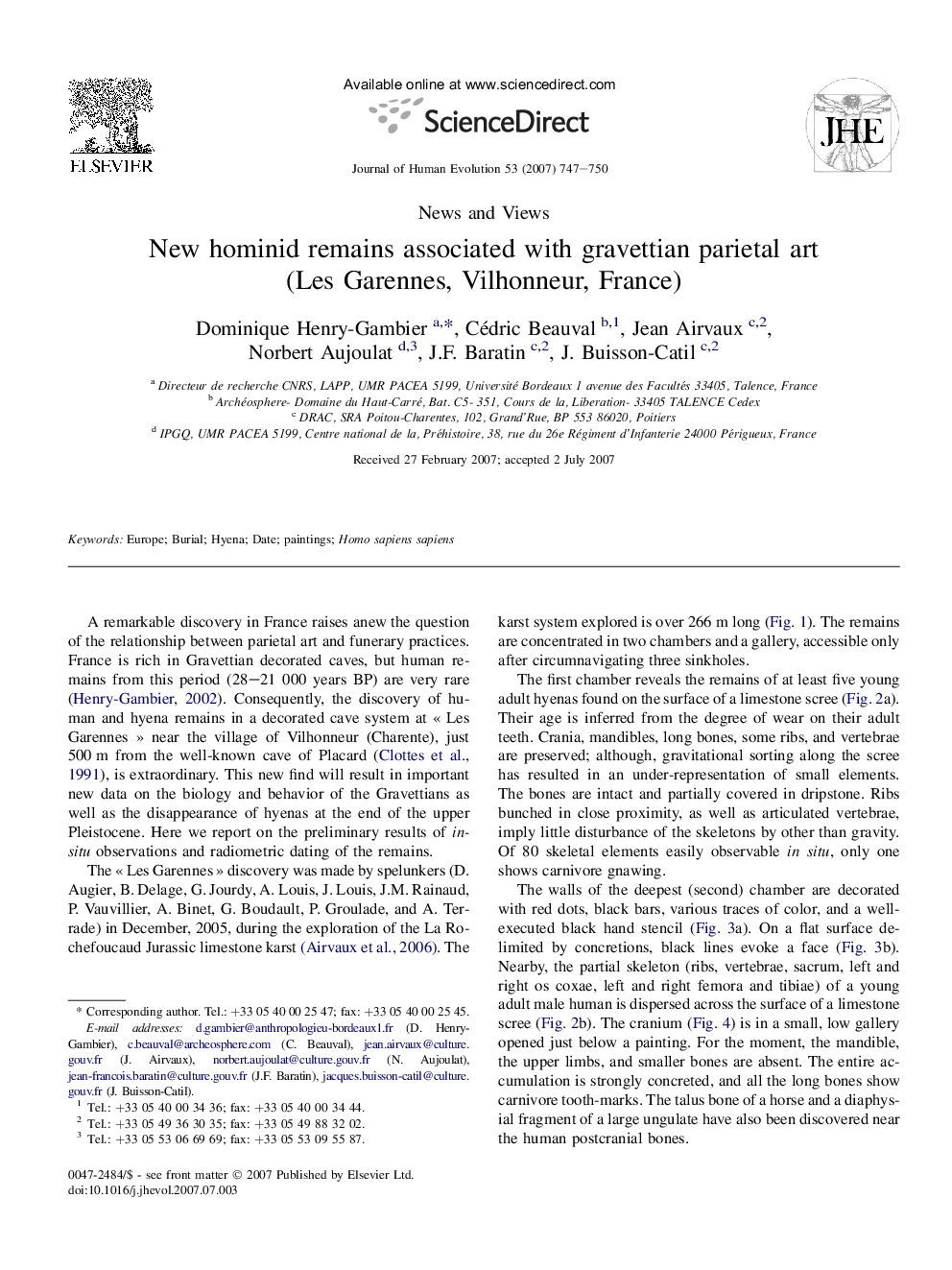 New hominid remains associated with gravettian parietal art (Les Garennes, Vilhonneur, France)