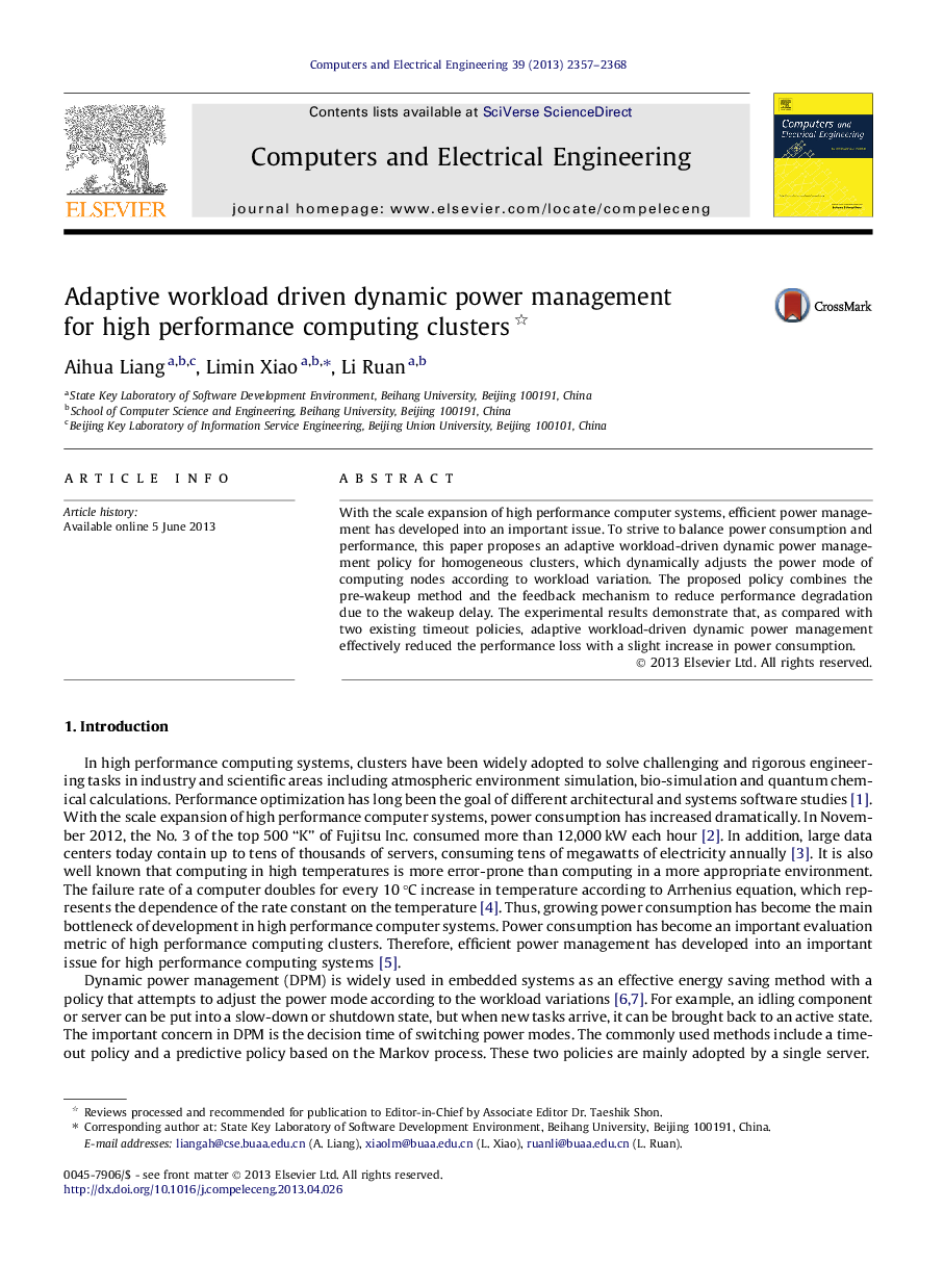 Adaptive workload driven dynamic power management for high performance computing clusters 
