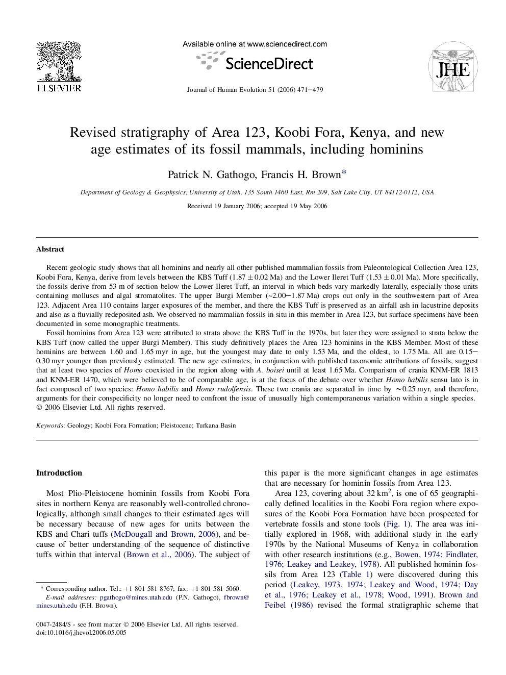 Revised stratigraphy of Area 123, Koobi Fora, Kenya, and new age estimates of its fossil mammals, including hominins