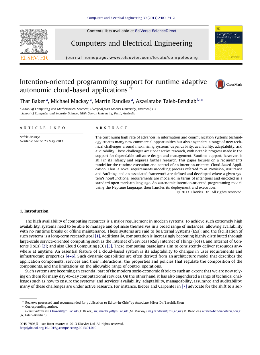 Intention-oriented programming support for runtime adaptive autonomic cloud-based applications 