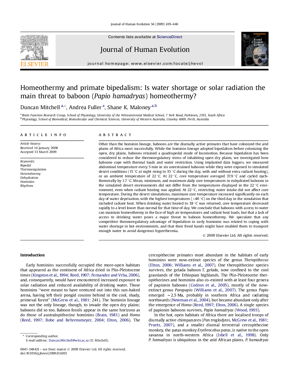 Homeothermy and primate bipedalism: Is water shortage or solar radiation the main threat to baboon (Papio hamadryas) homeothermy?