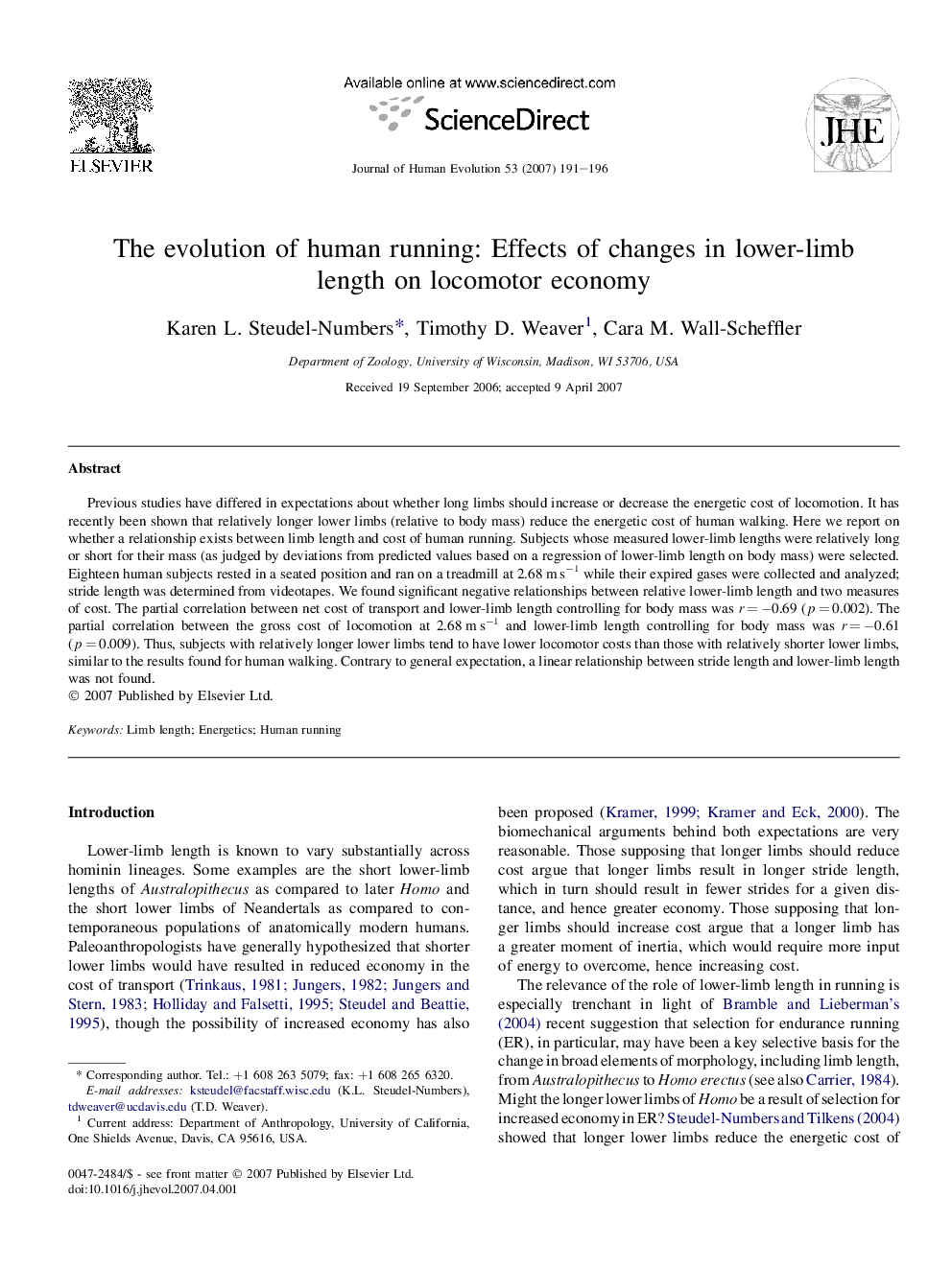 The evolution of human running: Effects of changes in lower-limb length on locomotor economy