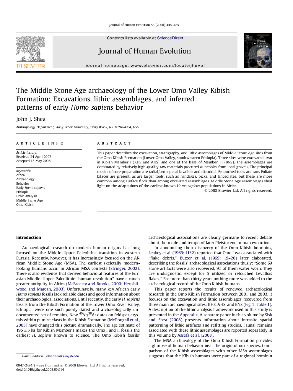 The Middle Stone Age archaeology of the Lower Omo Valley Kibish Formation: Excavations, lithic assemblages, and inferred patterns of early Homo sapiens behavior