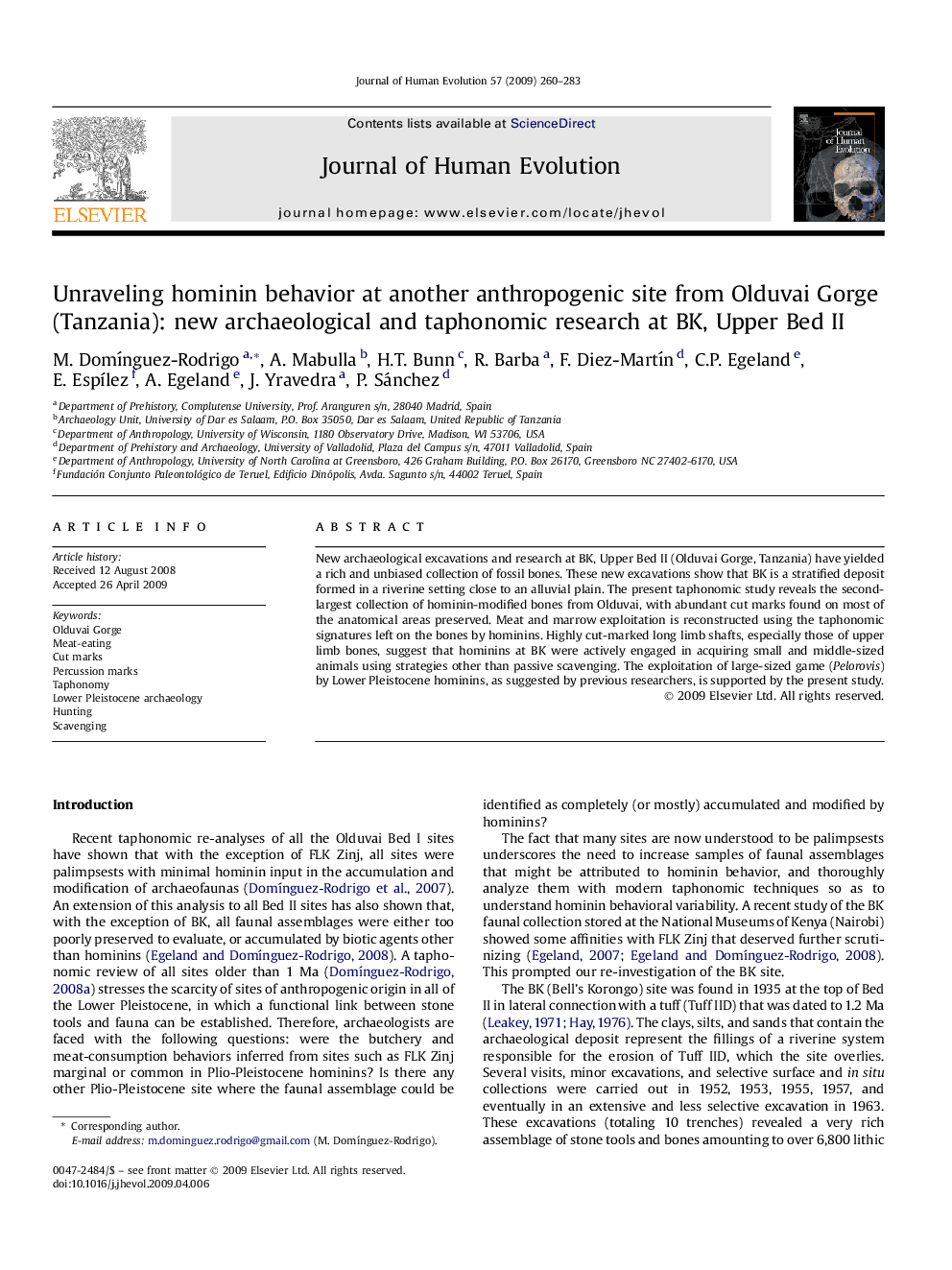 Unraveling hominin behavior at another anthropogenic site from Olduvai Gorge (Tanzania): new archaeological and taphonomic research at BK, Upper Bed II