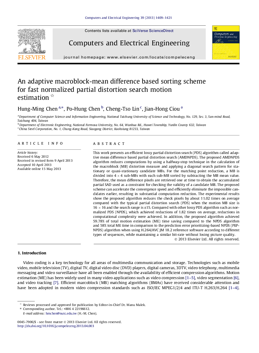 An adaptive macroblock-mean difference based sorting scheme for fast normalized partial distortion search motion estimation 