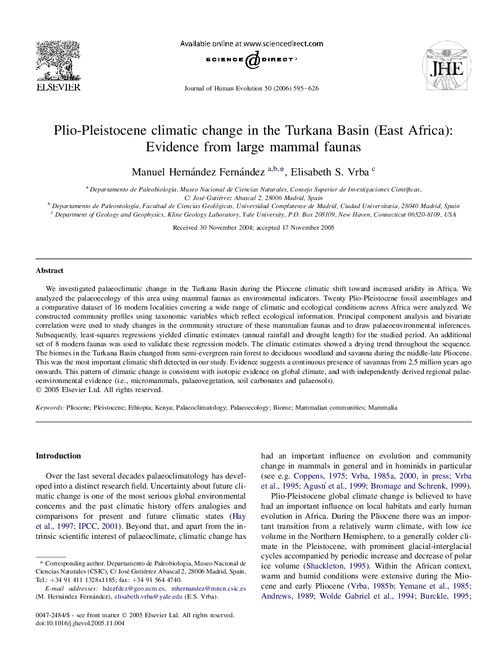 Plio-Pleistocene climatic change in the Turkana Basin (East Africa): Evidence from large mammal faunas