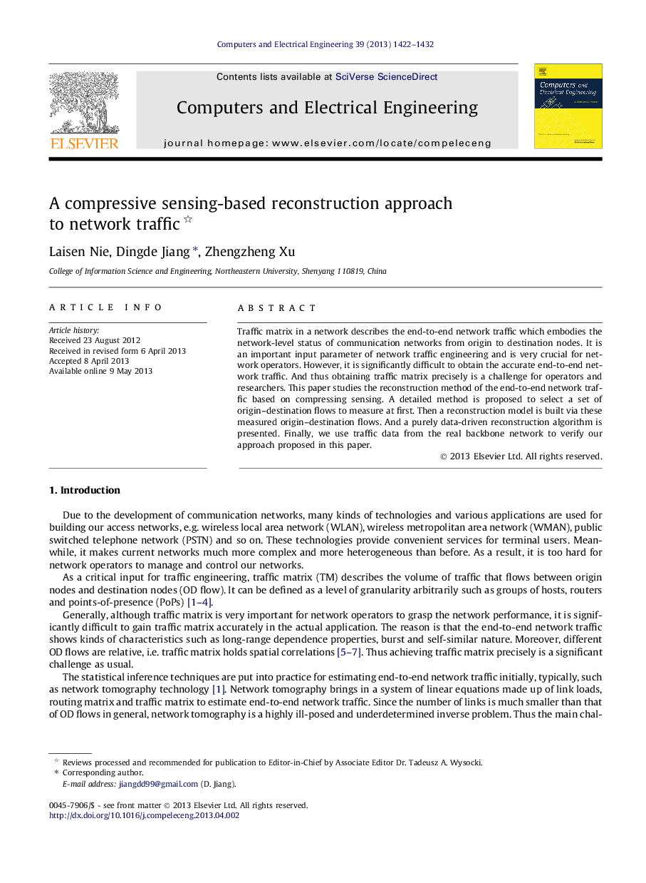 A compressive sensing-based reconstruction approach to network traffic 