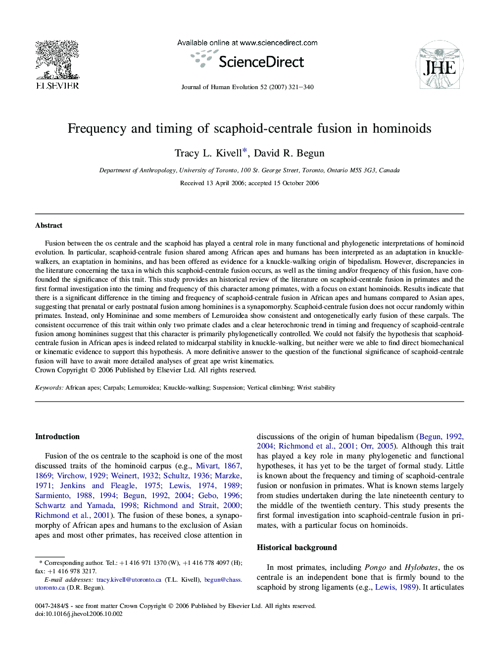 Frequency and timing of scaphoid-centrale fusion in hominoids