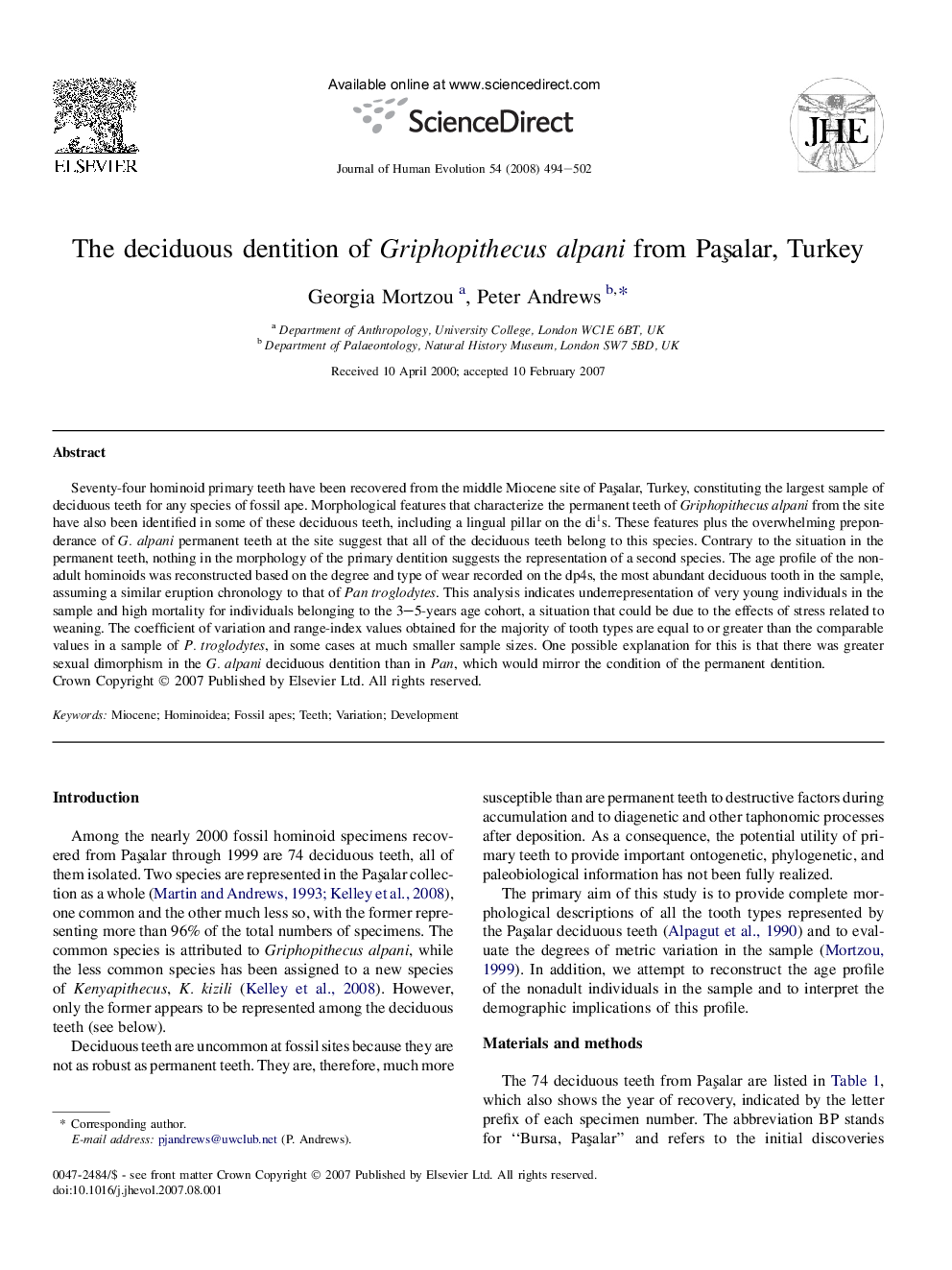 The deciduous dentition of Griphopithecus alpani from Paşalar, Turkey