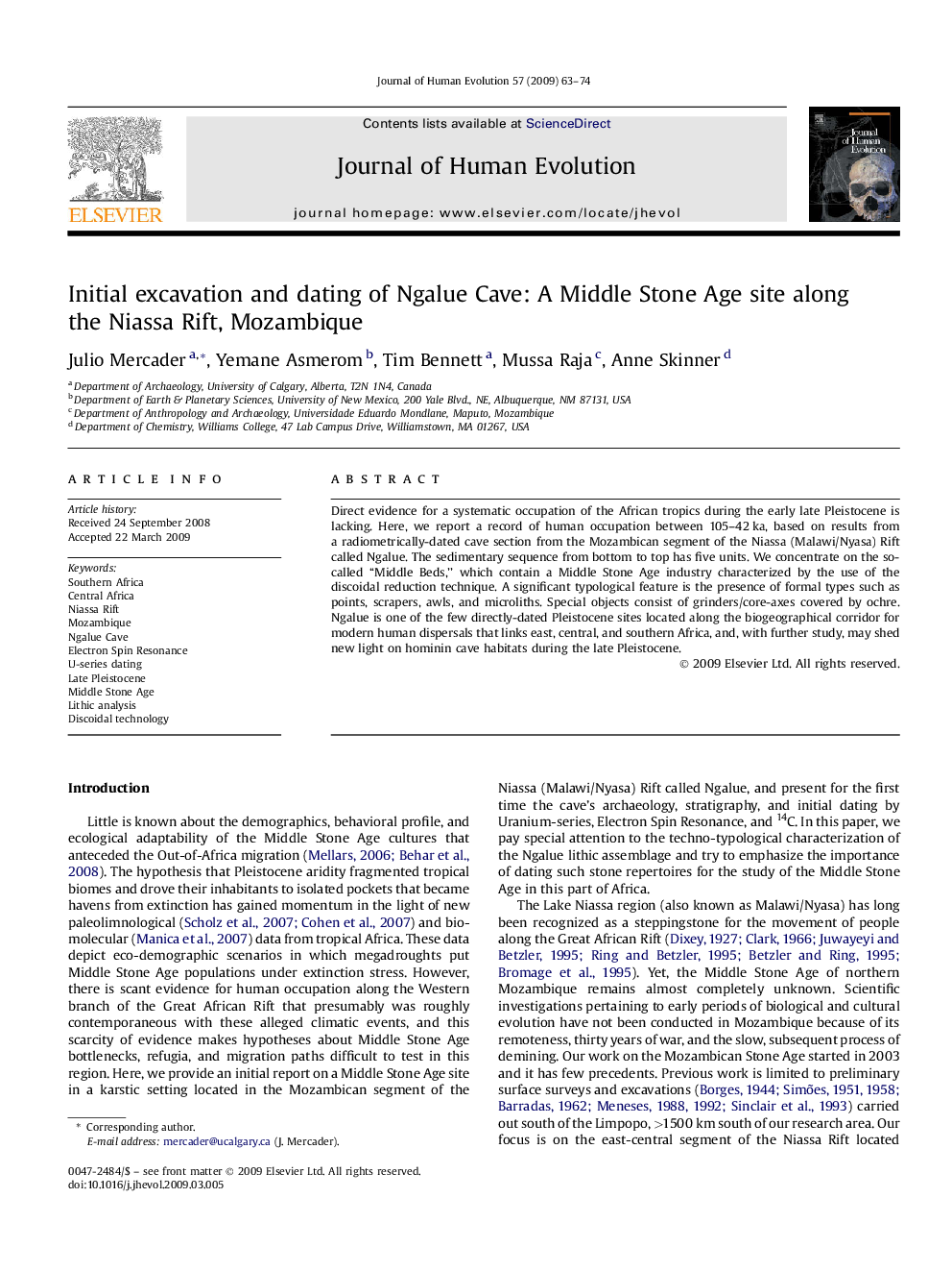 Initial excavation and dating of Ngalue Cave: A Middle Stone Age site along the Niassa Rift, Mozambique