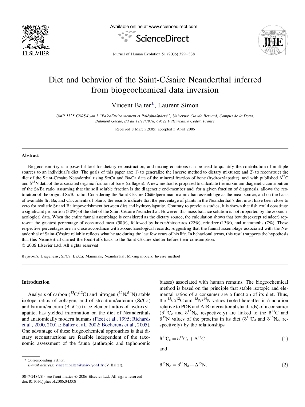 Diet and behavior of the Saint-Césaire Neanderthal inferred from biogeochemical data inversion