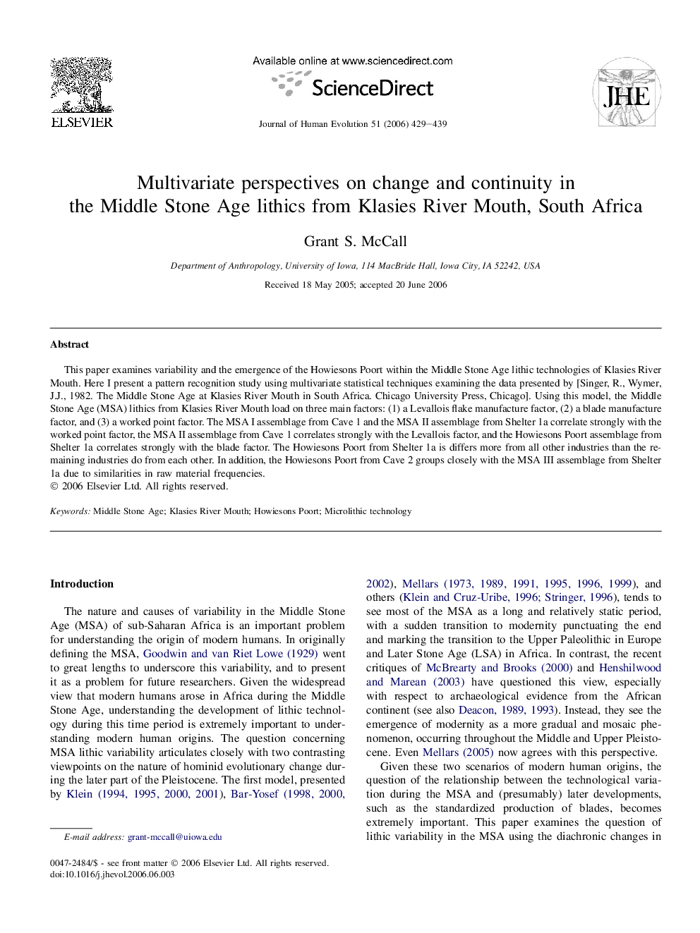 Multivariate perspectives on change and continuity in the Middle Stone Age lithics from Klasies River Mouth, South Africa