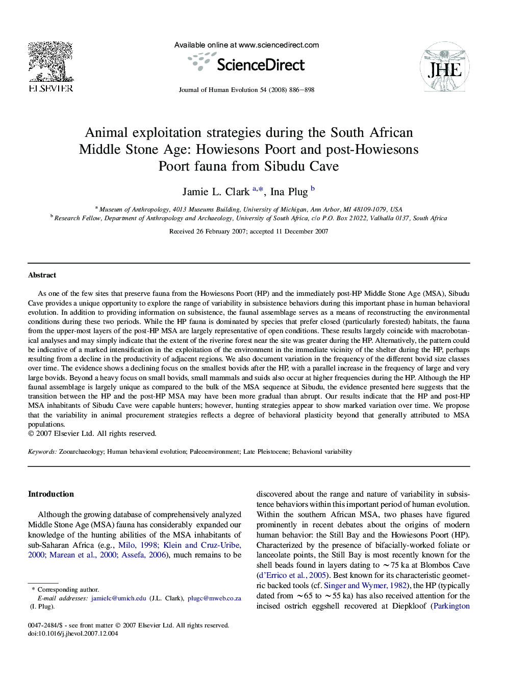 Animal exploitation strategies during the South African Middle Stone Age: Howiesons Poort and post-Howiesons Poort fauna from Sibudu Cave