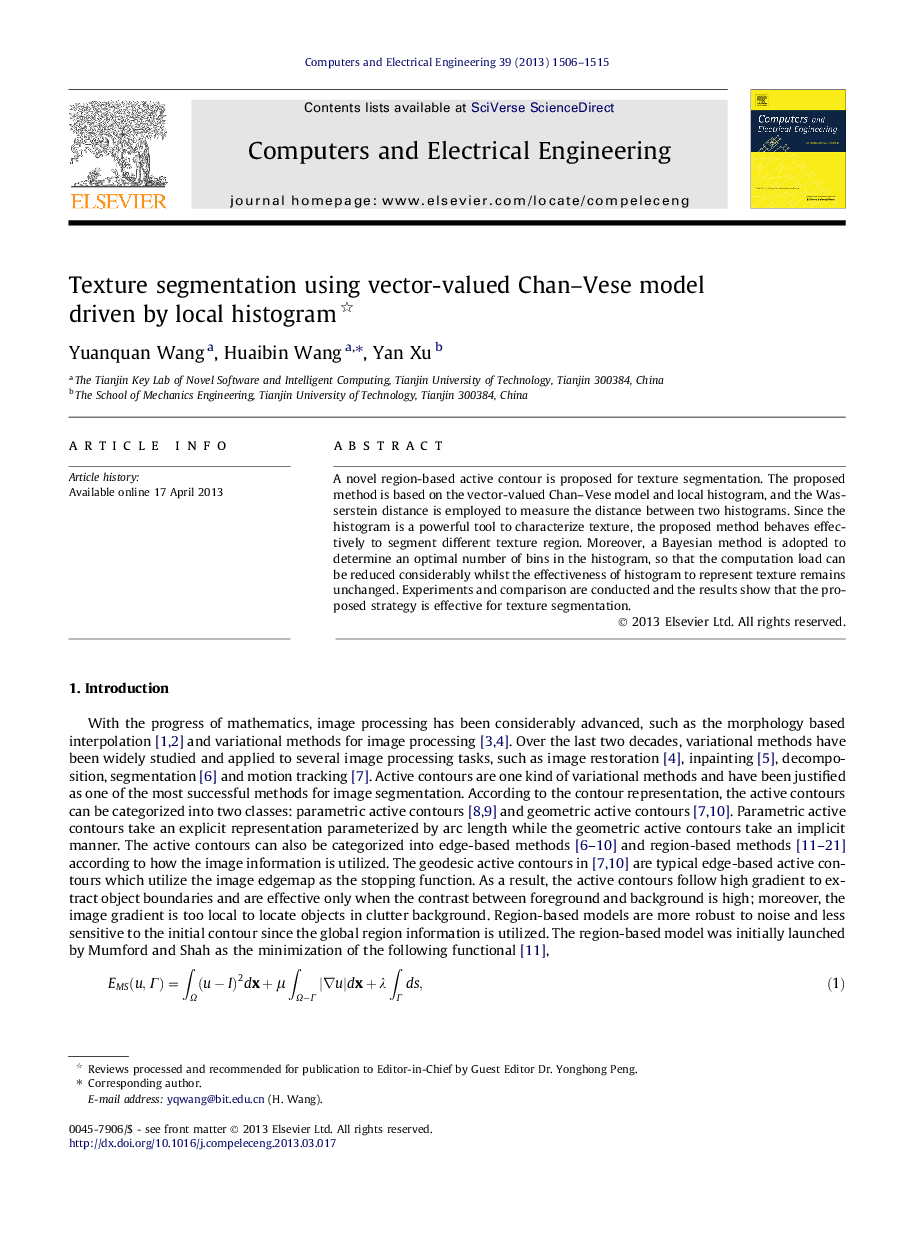Texture segmentation using vector-valued Chan–Vese model driven by local histogram 