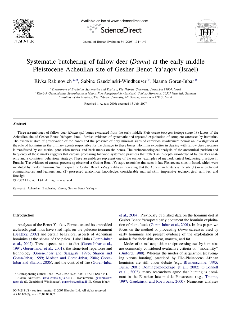 Systematic butchering of fallow deer (Dama) at the early middle Pleistocene Acheulian site of Gesher Benot Ya‘aqov (Israel)