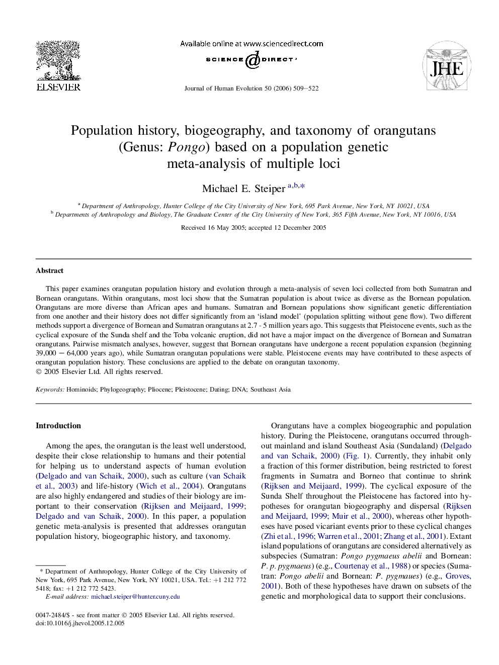 Population history, biogeography, and taxonomy of orangutans (Genus: Pongo) based on a population genetic meta-analysis of multiple loci