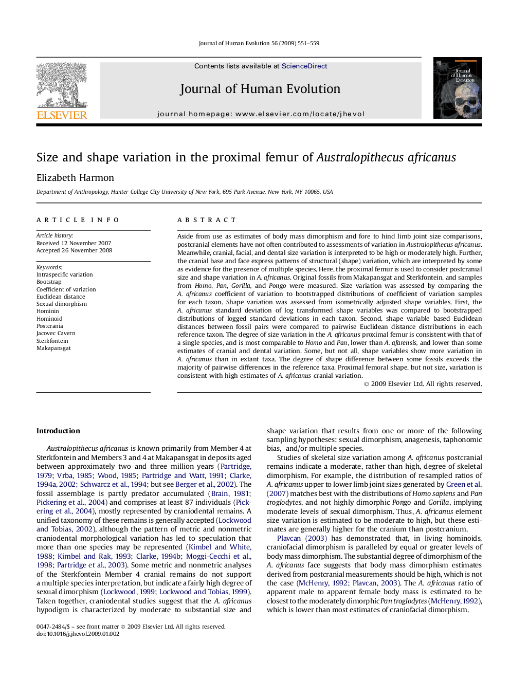 Size and shape variation in the proximal femur of Australopithecus africanus