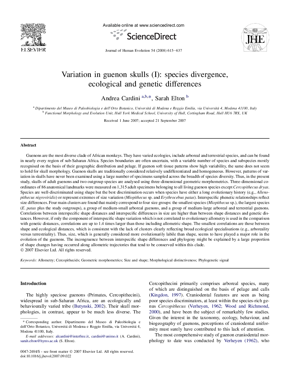 Variation in guenon skulls (I): species divergence, ecological and genetic differences