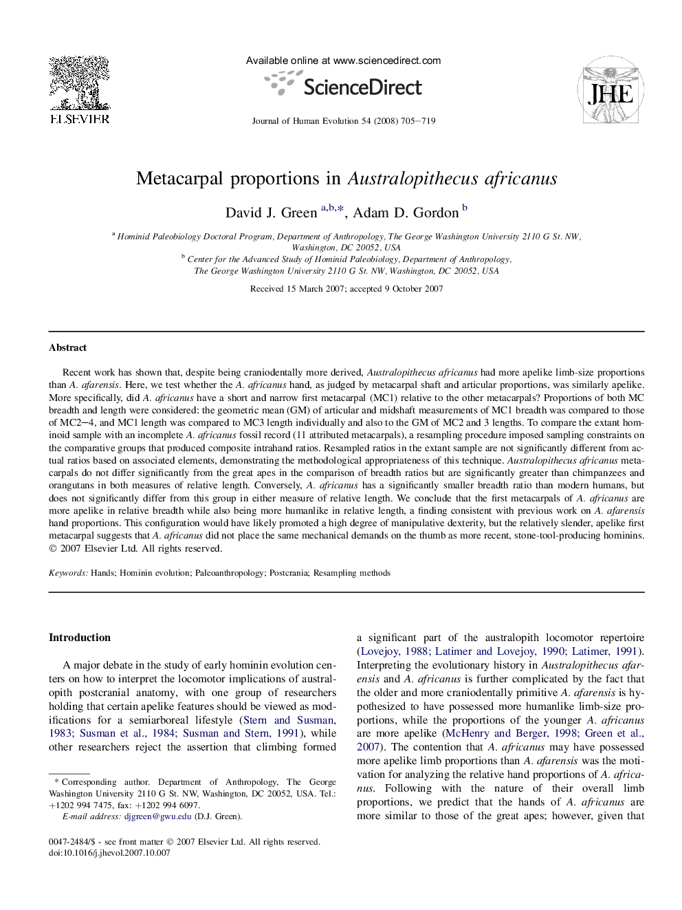 Metacarpal proportions in Australopithecus africanus