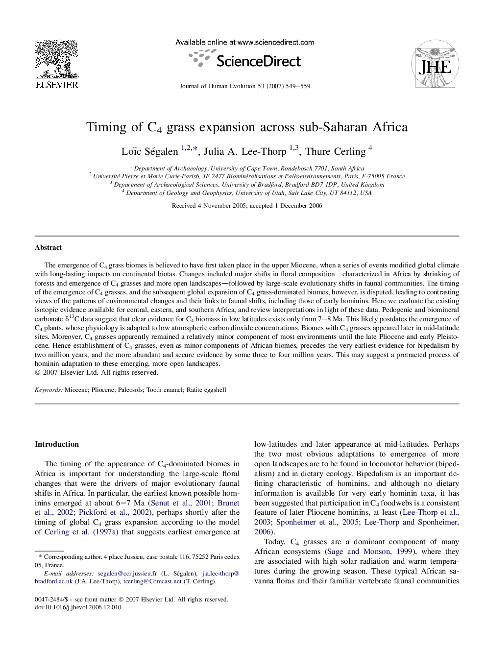 Timing of C4 grass expansion across sub-Saharan Africa