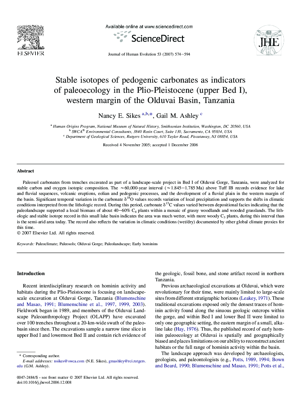 Stable isotopes of pedogenic carbonates as indicators of paleoecology in the Plio-Pleistocene (upper Bed I), western margin of the Olduvai Basin, Tanzania