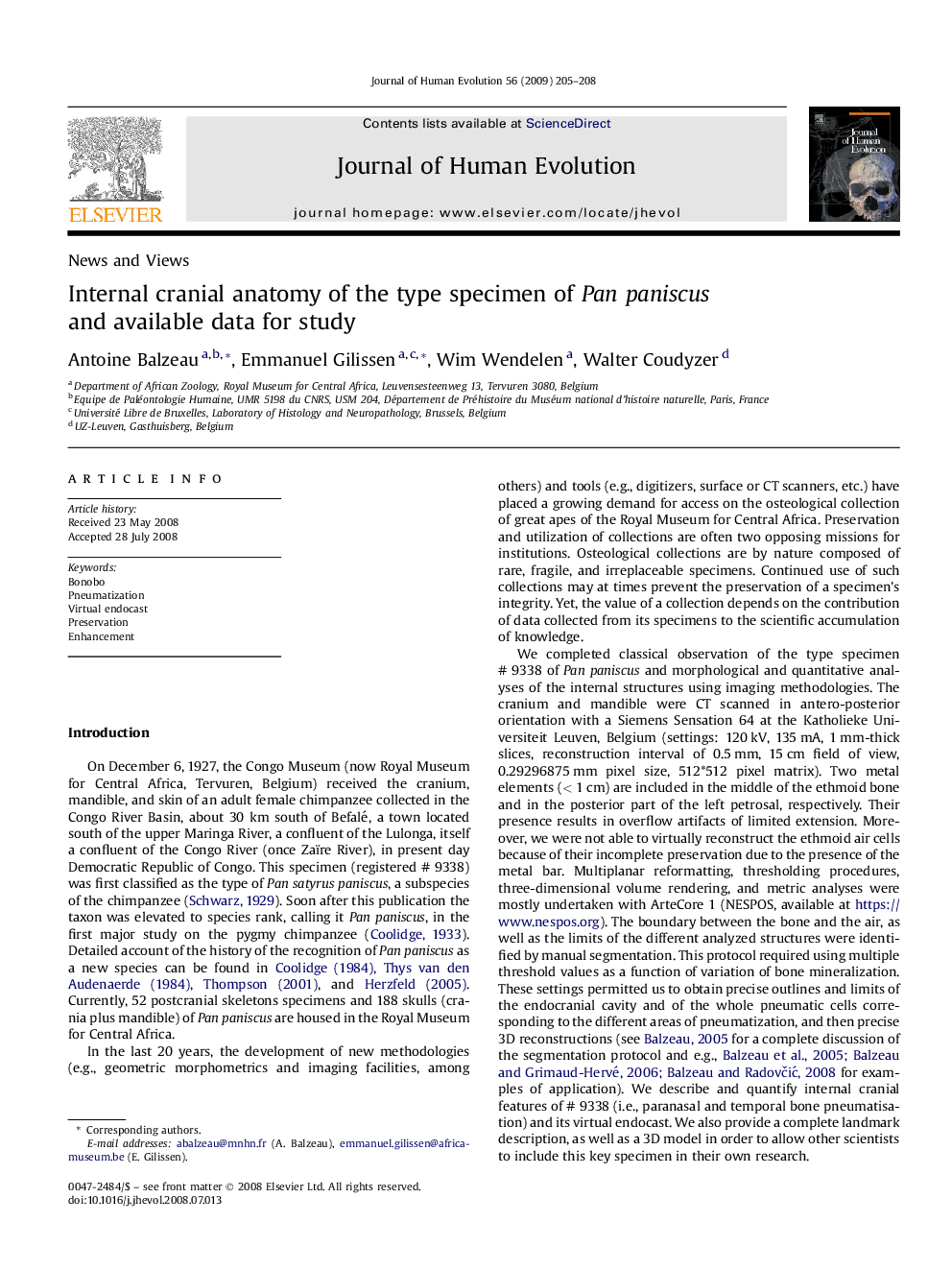 Internal cranial anatomy of the type specimen of Pan paniscus and available data for study