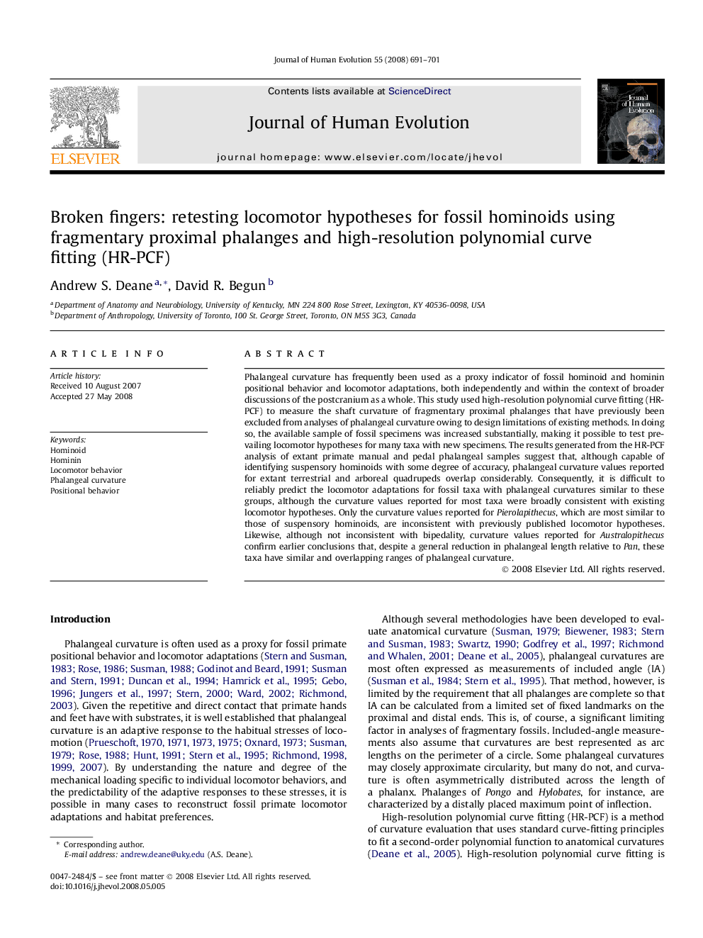 Broken fingers: retesting locomotor hypotheses for fossil hominoids using fragmentary proximal phalanges and high-resolution polynomial curve fitting (HR-PCF)