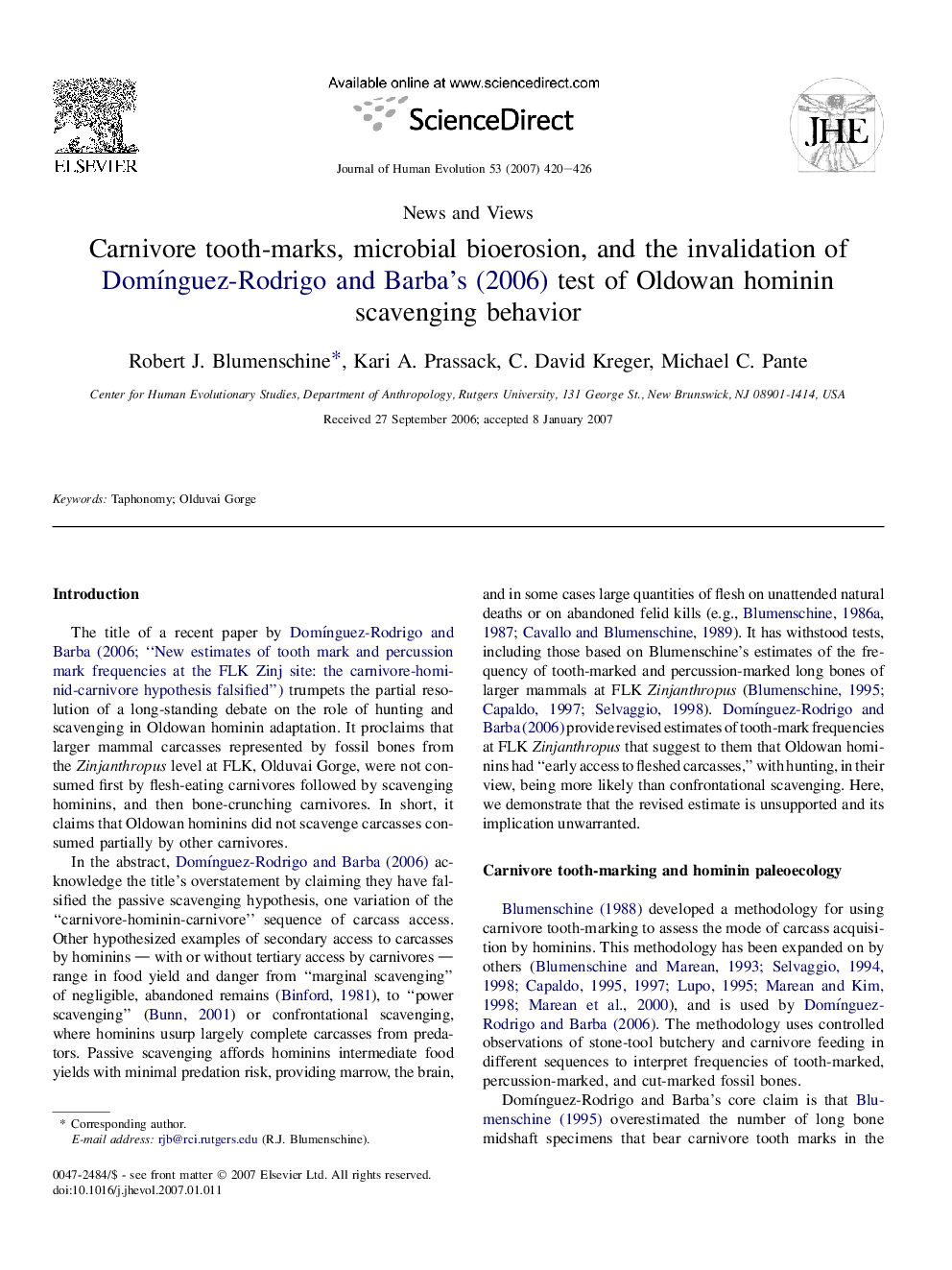 Carnivore tooth-marks, microbial bioerosion, and the invalidation of DomÃ­nguez-Rodrigo and Barba's (2006) test of Oldowan hominin scavenging behavior