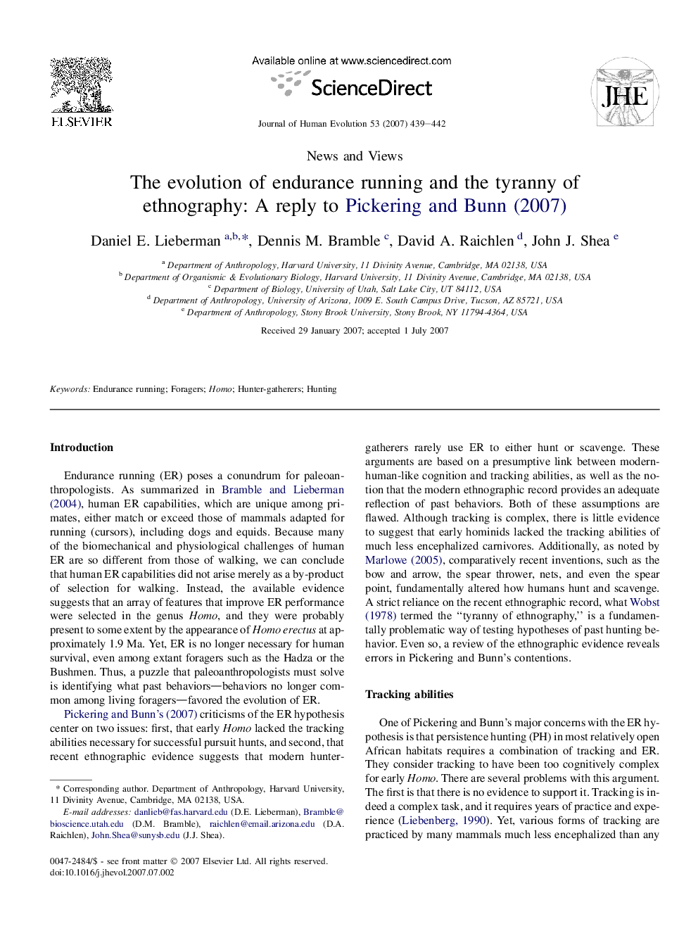 The evolution of endurance running and the tyranny of ethnography: A reply to Pickering and Bunn (2007)