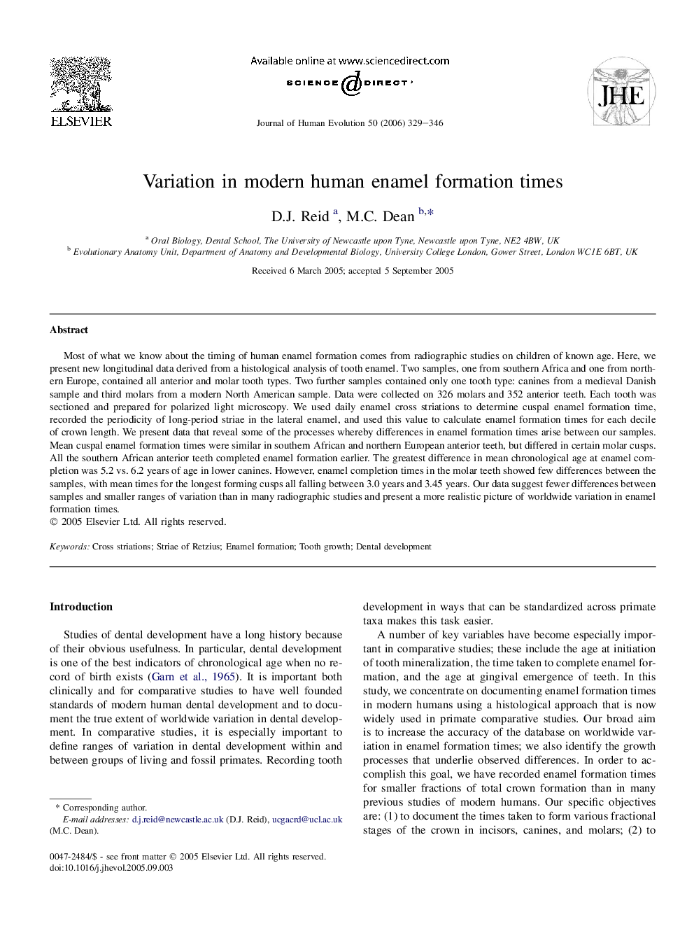 Variation in modern human enamel formation times