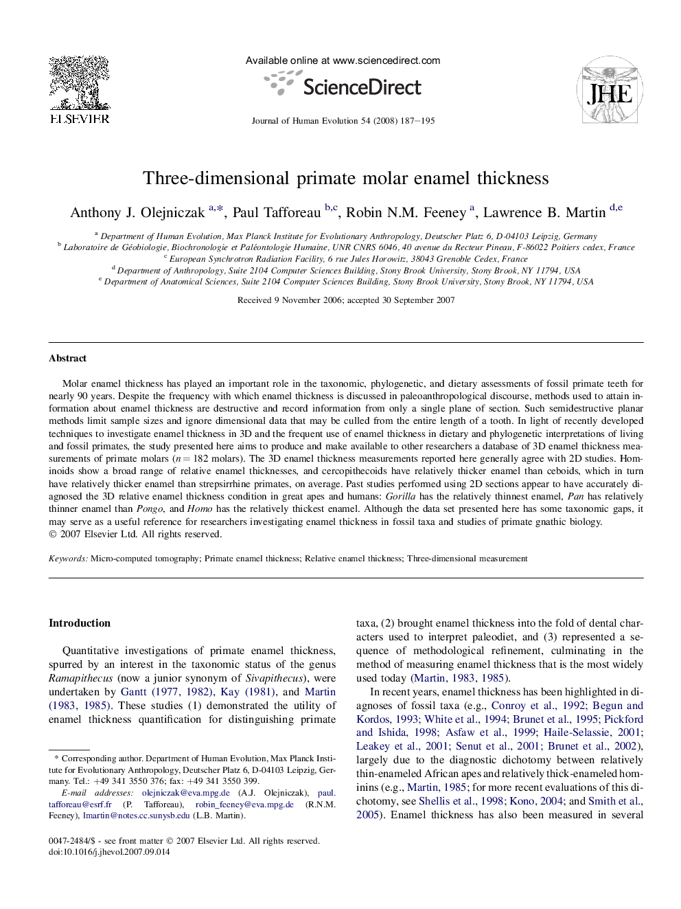 Three-dimensional primate molar enamel thickness