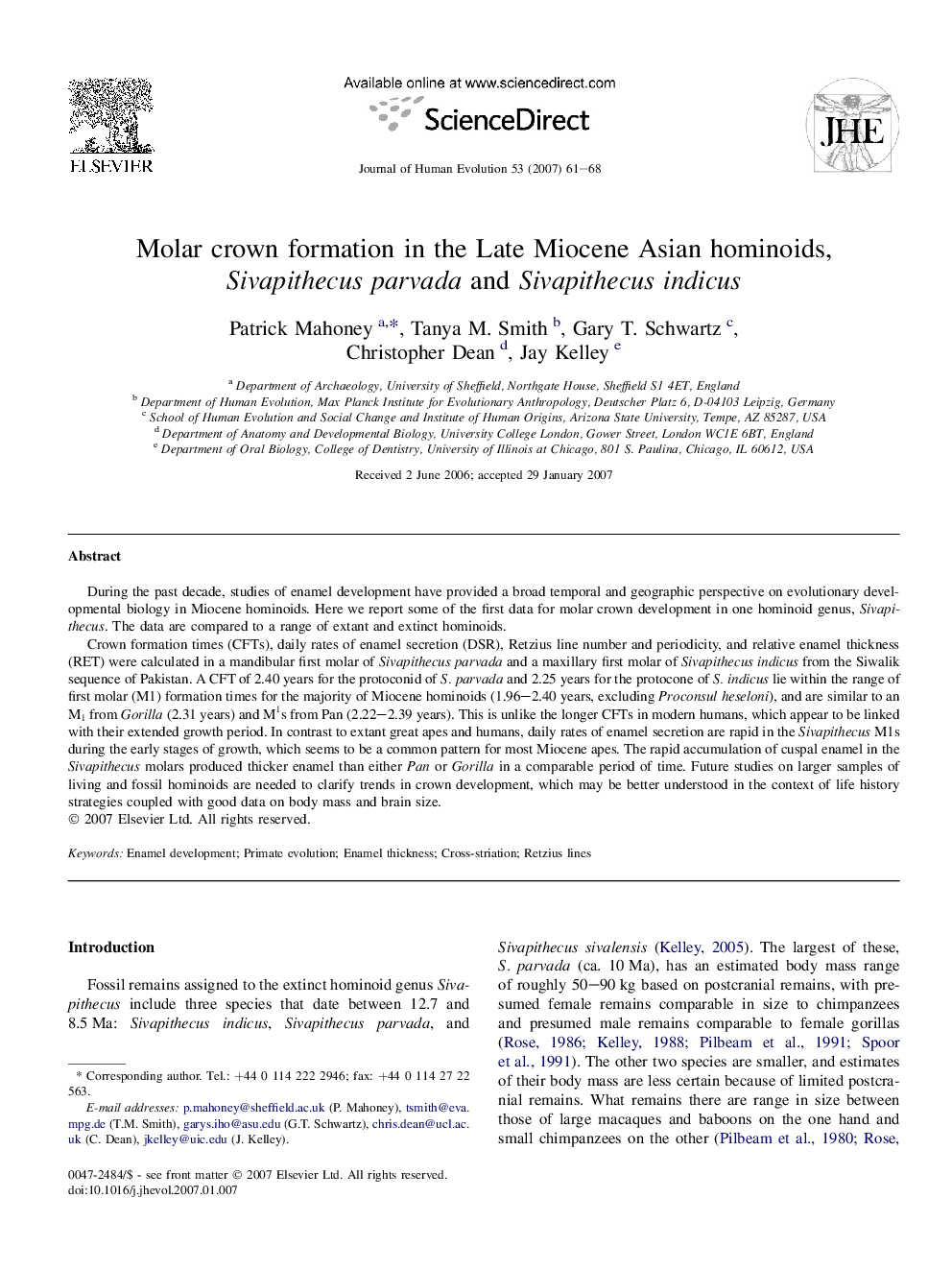 Molar crown formation in the Late Miocene Asian hominoids, Sivapithecus parvada and Sivapithecus indicus