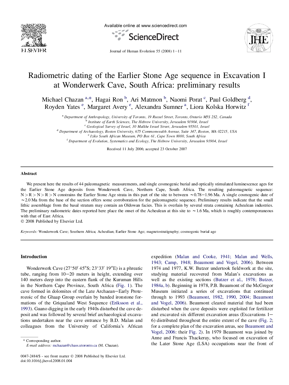 Radiometric dating of the Earlier Stone Age sequence in Excavation I at Wonderwerk Cave, South Africa: preliminary results