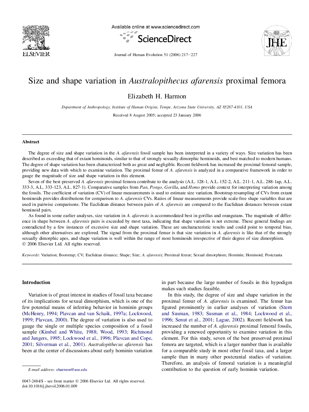 Size and shape variation in Australopithecus afarensis proximal femora