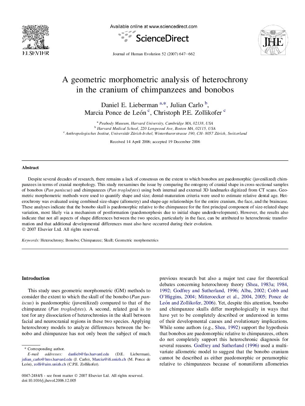 A geometric morphometric analysis of heterochrony in the cranium of chimpanzees and bonobos