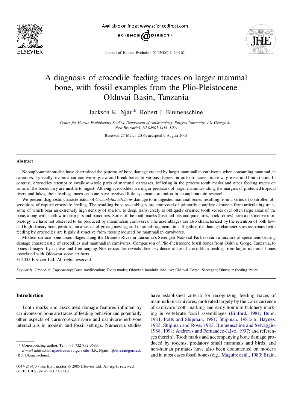 A diagnosis of crocodile feeding traces on larger mammal bone, with fossil examples from the Plio-Pleistocene Olduvai Basin, Tanzania