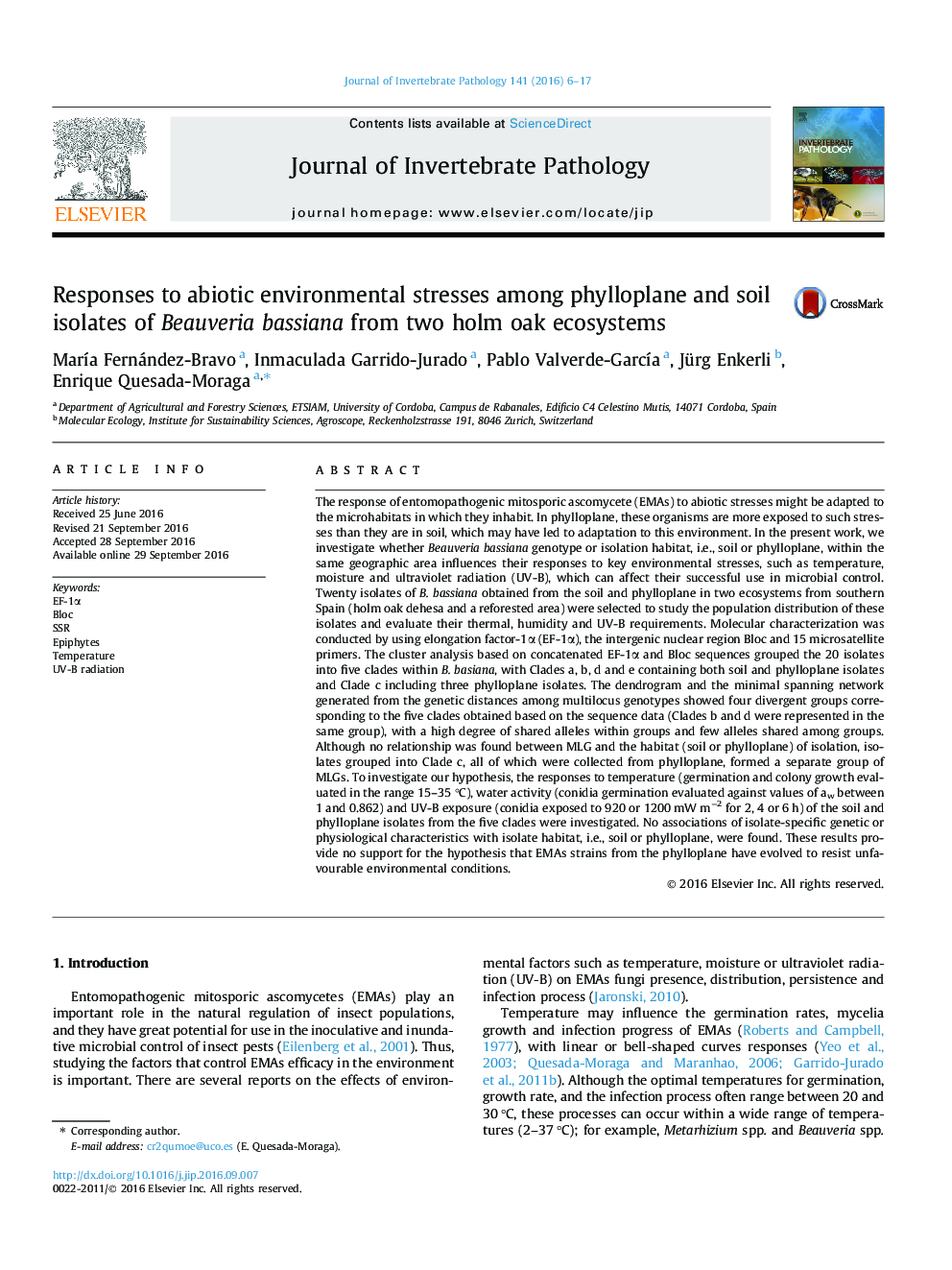 Responses to abiotic environmental stresses among phylloplane and soil isolates of Beauveria bassiana from two holm oak ecosystems