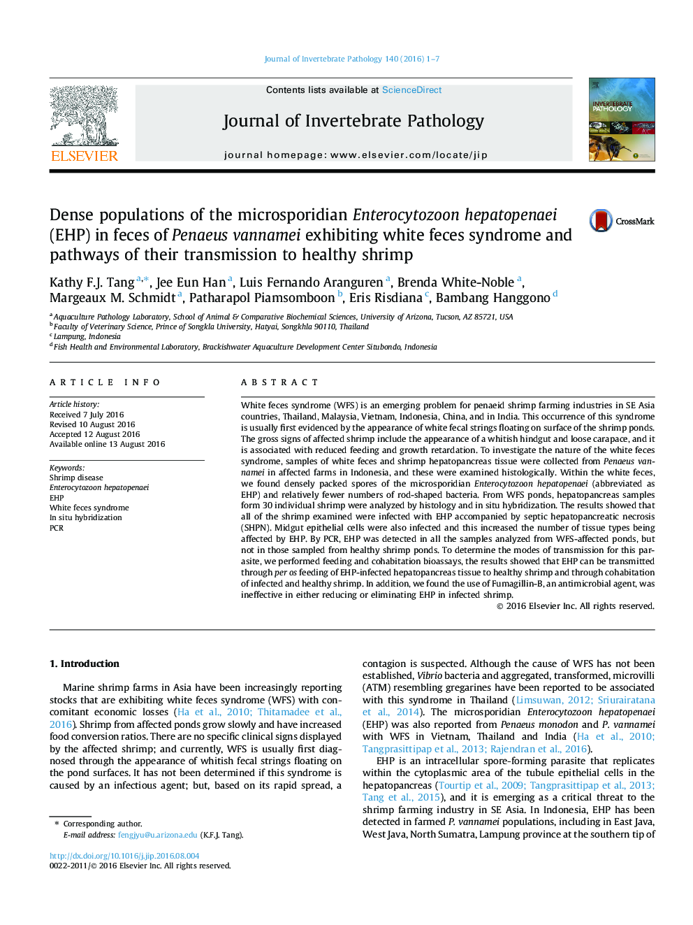 Dense populations of the microsporidian Enterocytozoon hepatopenaei (EHP) in feces of Penaeus vannamei exhibiting white feces syndrome and pathways of their transmission to healthy shrimp