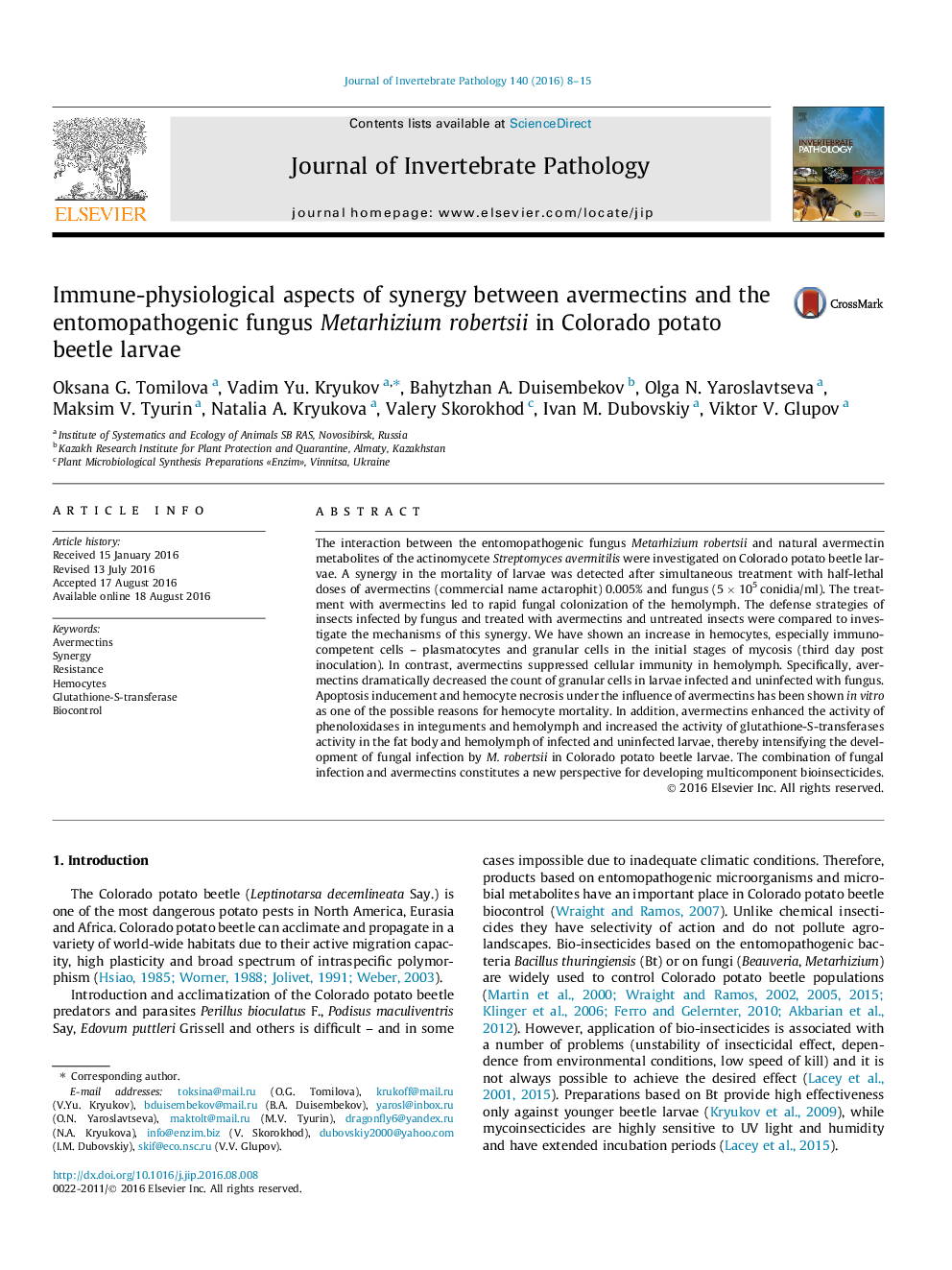 Immune-physiological aspects of synergy between avermectins and the entomopathogenic fungus Metarhizium robertsii in Colorado potato beetle larvae