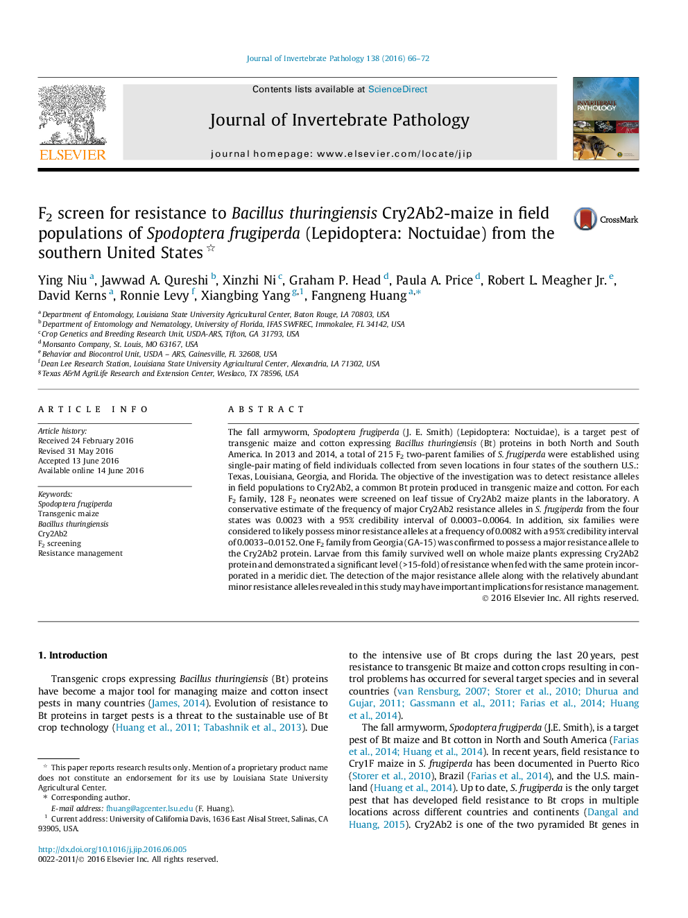 F2 screen for resistance to Bacillus thuringiensis Cry2Ab2-maize in field populations of Spodoptera frugiperda (Lepidoptera: Noctuidae) from the southern United States 