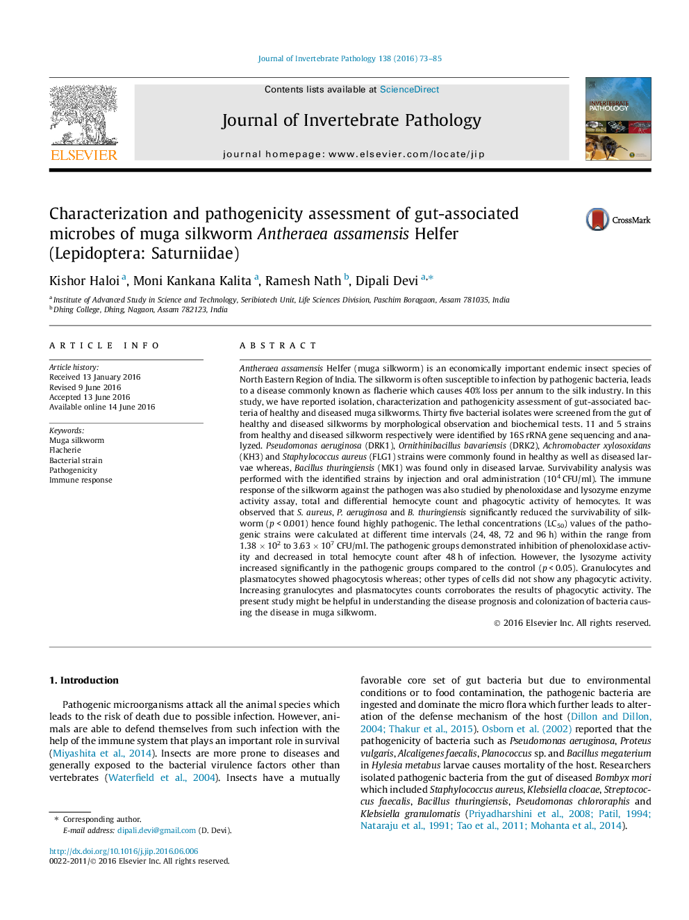 Characterization and pathogenicity assessment of gut-associated microbes of muga silkworm Antheraea assamensis Helfer (Lepidoptera: Saturniidae)