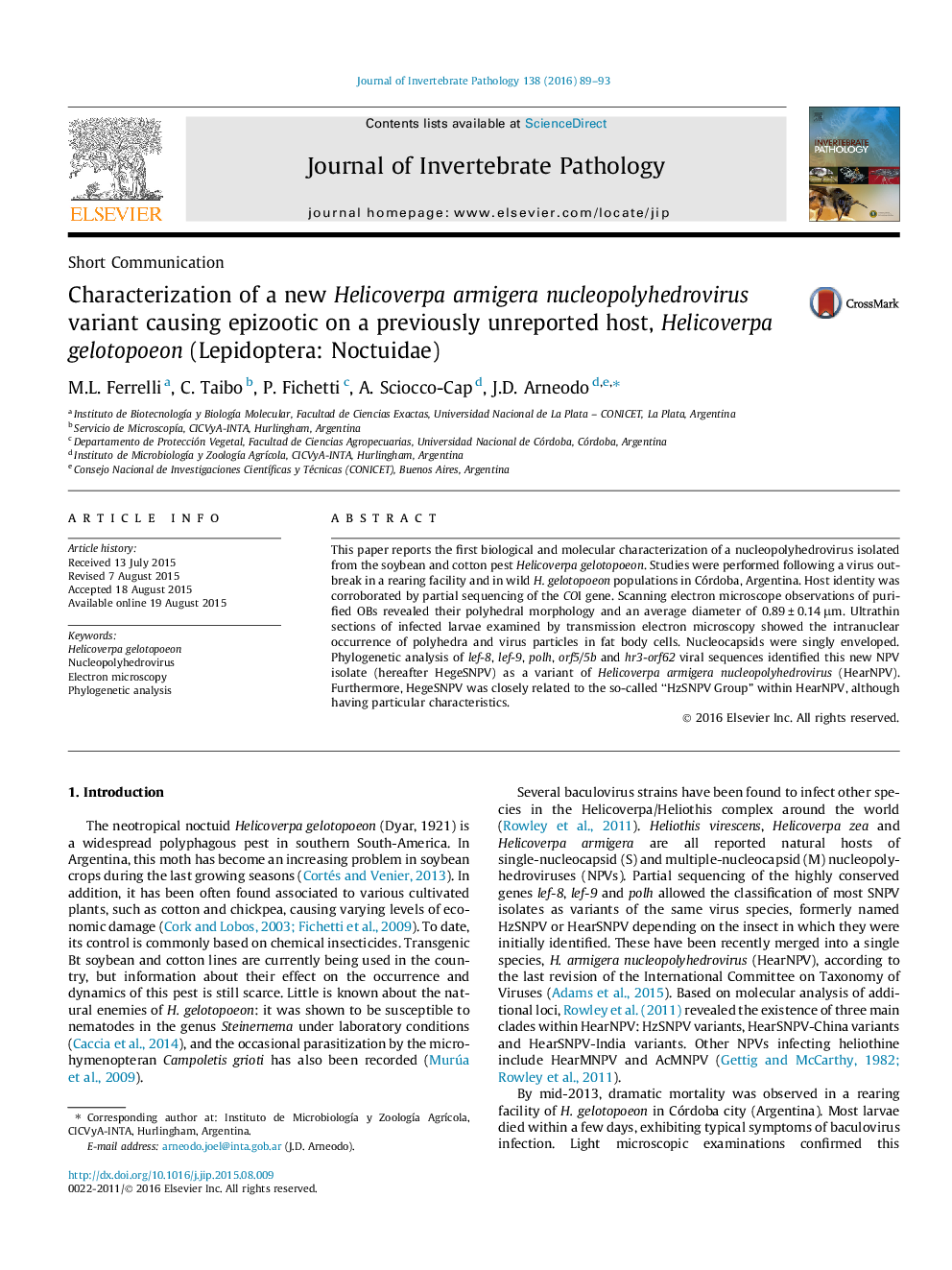 Characterization of a new Helicoverpa armigera nucleopolyhedrovirus variant causing epizootic on a previously unreported host, Helicoverpa gelotopoeon (Lepidoptera: Noctuidae)