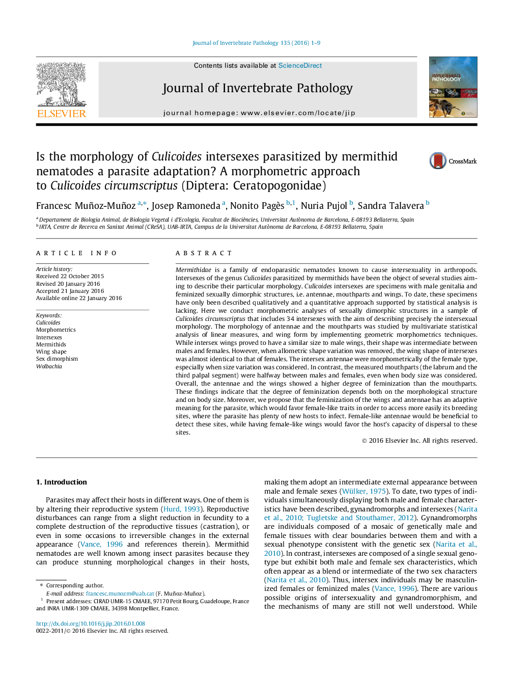 Is the morphology of Culicoides intersexes parasitized by mermithid nematodes a parasite adaptation? A morphometric approach to Culicoides circumscriptus (Diptera: Ceratopogonidae)