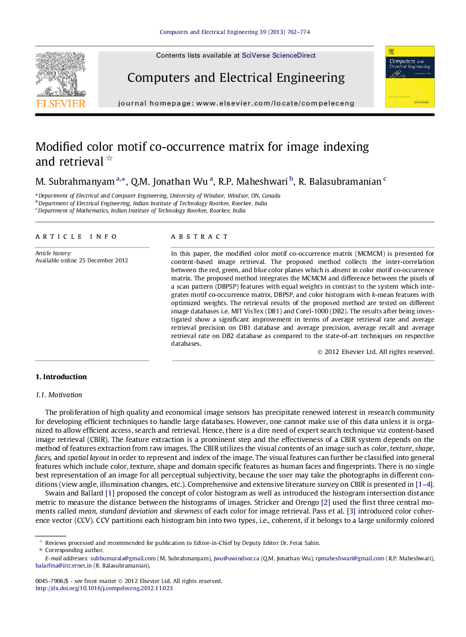 Modified color motif co-occurrence matrix for image indexing and retrieval 