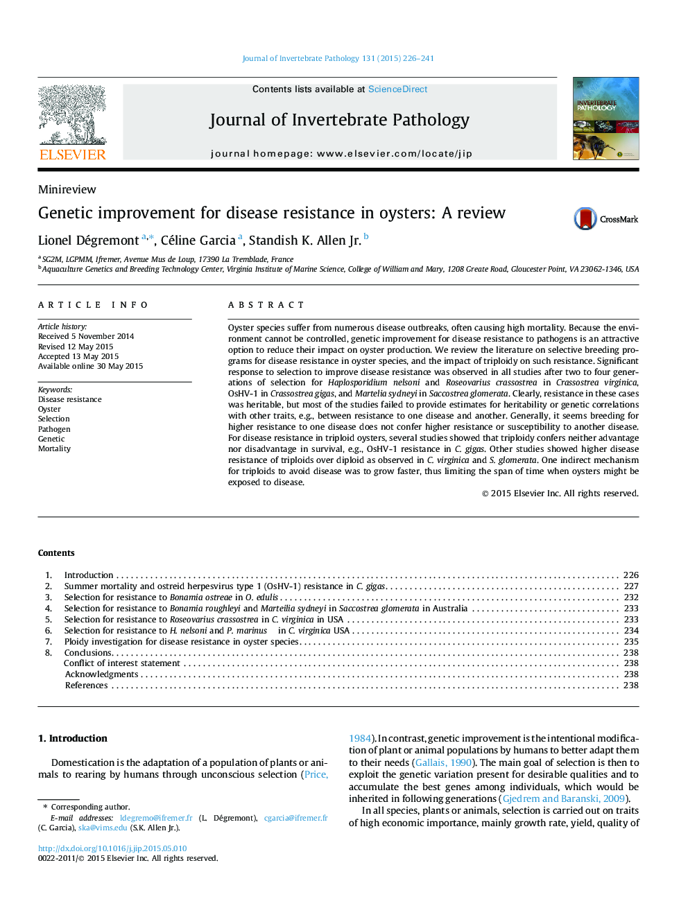 Genetic improvement for disease resistance in oysters: A review