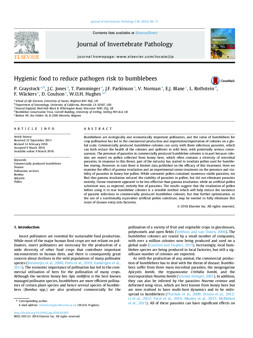 Hygienic food to reduce pathogen risk to bumblebees