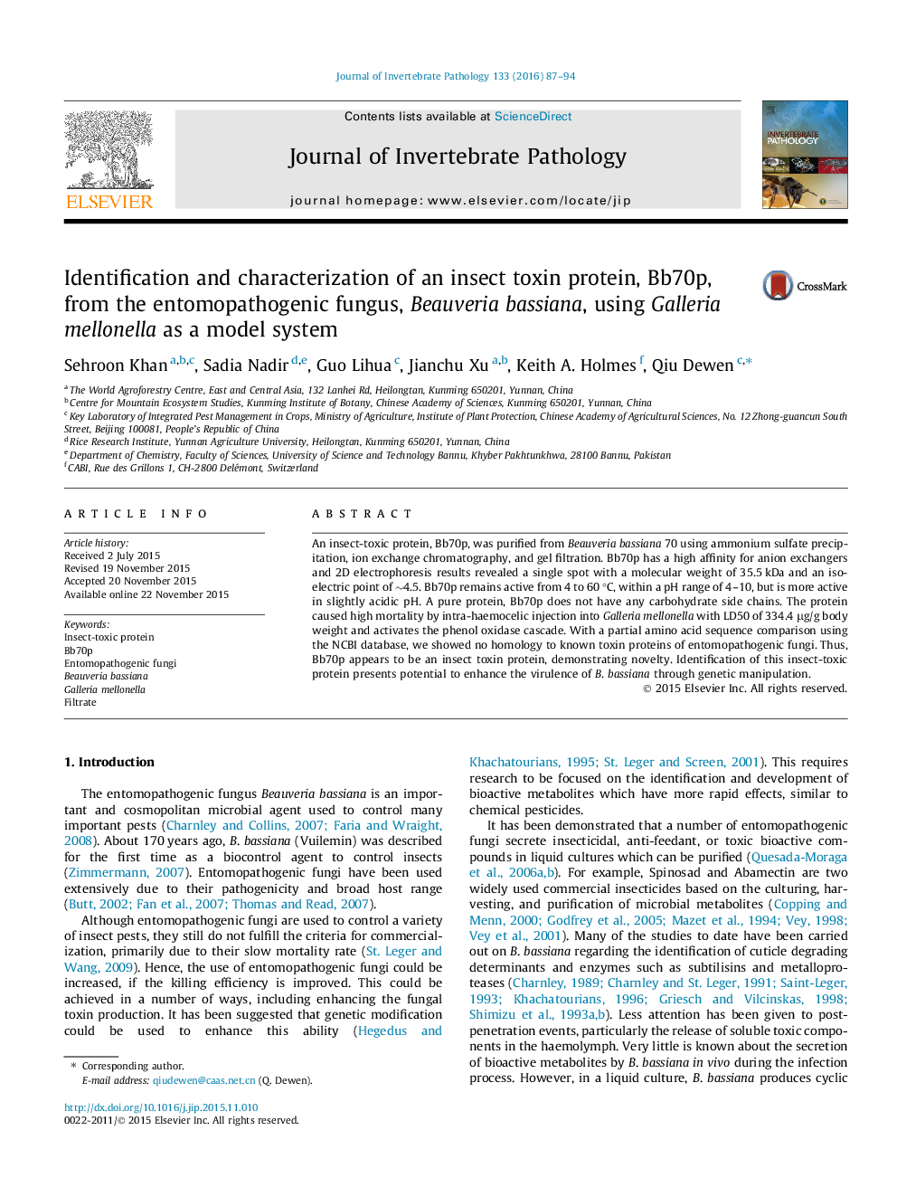 Identification and characterization of an insect toxin protein, Bb70p, from the entomopathogenic fungus, Beauveria bassiana, using Galleria mellonella as a model system