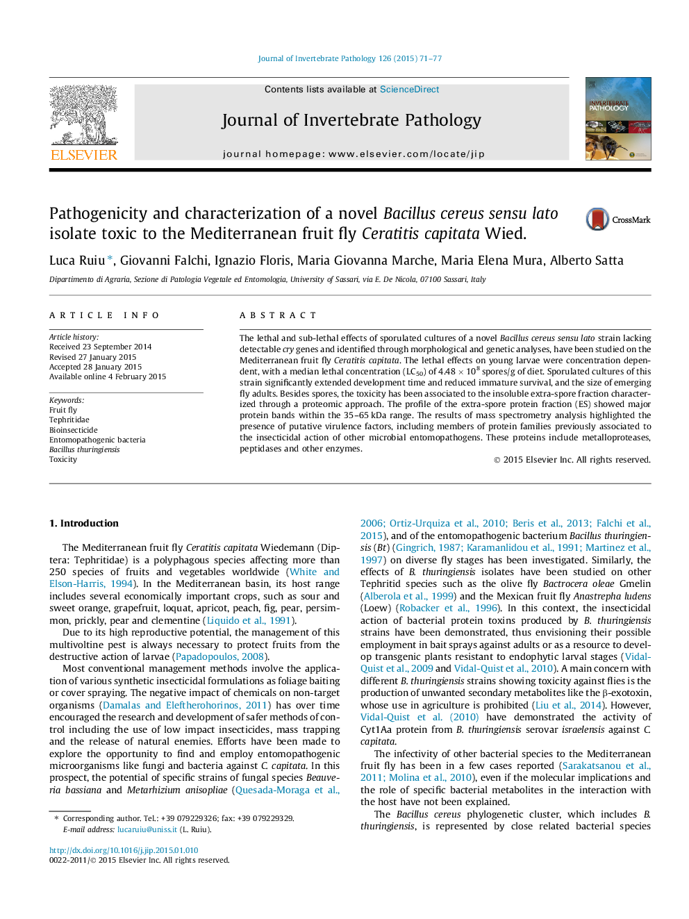 Pathogenicity and characterization of a novel Bacillus cereus sensu lato isolate toxic to the Mediterranean fruit fly Ceratitis capitata Wied.